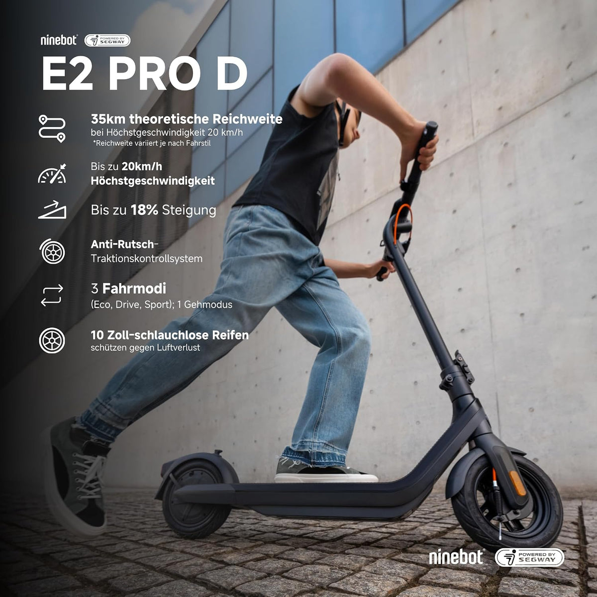 Segway Ninebot E2 Pro D E-Scooter 10 Zoll - Reichweite 35km, 750W Motor, Straßenzulassung - Schwarz