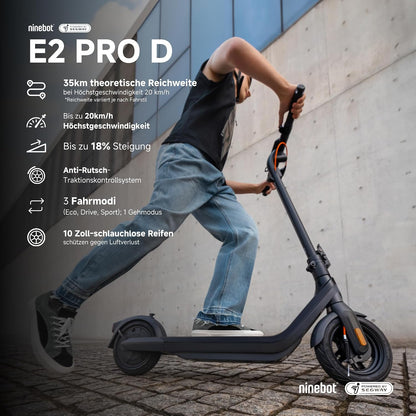 Segway Ninebot E2 Pro D E-Scooter 10 Zoll - Reichweite 35km, 750W Motor, Straßenzulassung - Schwarz